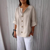 Vネックのコットン&リネンボタンダウントップス