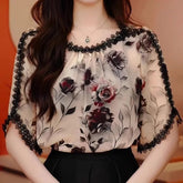 レディース エレガントな花柄ラウンドネック半袖シャツ